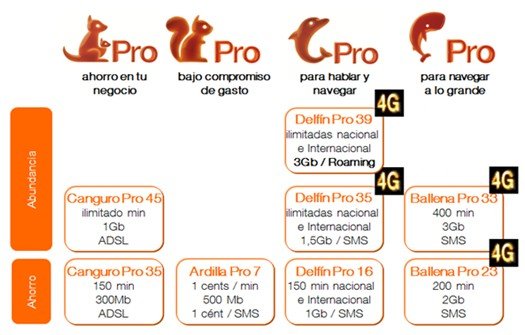 Las nuevas tarifas de precios de Orange 4G para autónomos y empresas posibilitan todos los servicios de telefonía y garantizan un acceso rápido a Internet mediante las tarias Delfín, Ballena, Ardilla, Canguro para tablet y smartphone.