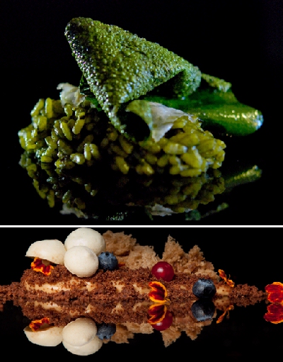 Arriba, arroz de verduras Vertical, y abajo, tierra de chocolate con espuma de galleta y setas de mango.