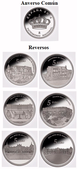 Los reversos llevan las imágenes de los diversos y monumentales edificios del Patrimonio Nacional: el Real Monasterio de Santa Clara de Tordesillas; el Palacio Real de Madrid desde los jardines del Campo del Moro; la fachada principal Palacio Real de Aranjuez; el Monasterio de Yuste; el Palacio Real de Riofrío; y el Palacio de El Pardo.