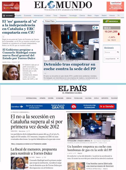 Esta es una muestra de lo que podemos leer hoy en las portadas de los principales diarios online: la misma información, el mismo tratamiento, la misma disposición. Domina la sumisión y el pensamiento único.