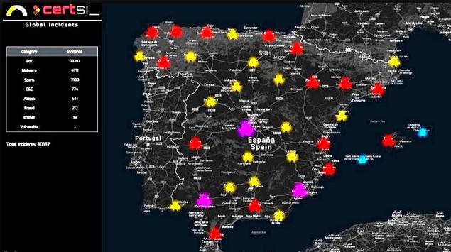 España es el tercer país del mundo en ciberataques y recibe hasta 200.000 ciberataques diarios detectados principalmente en Madrid, Barcelona y Valencia.