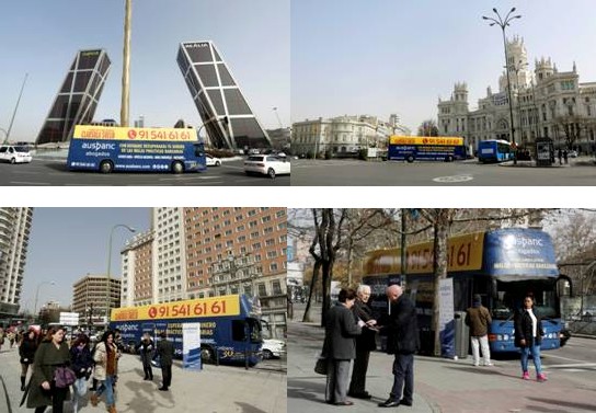 De izquierda a derecha y de arriba abajo: el autobús en la Plaza de Castilla, frente al Palacio de Cibeles, en la Plaza de España y en el Paseo de la Castellana.