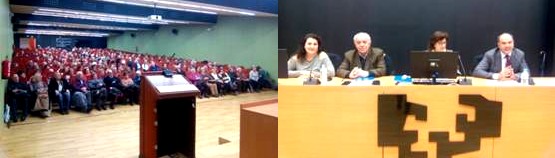 Foto de la izquierda: vista de la sala abarrotada. A la derecha: mesa de presidencia con Ángel Mª Garay dirigiéndose al público.