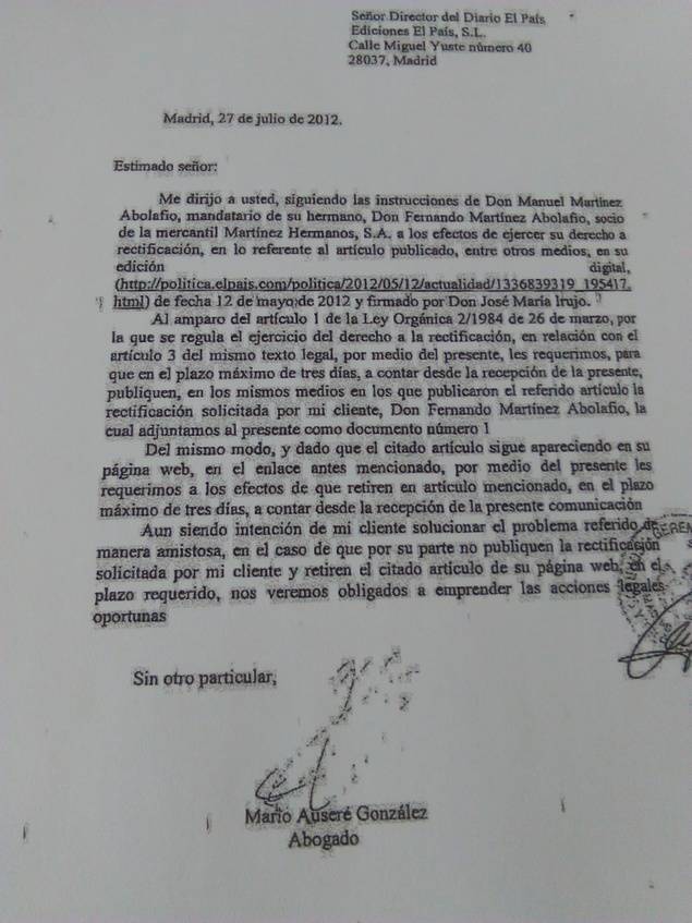 Solicitud de rectificación relativa a las informaciones no veraces acerca de Vladimir Kokorev y su sociedad Kalunga.