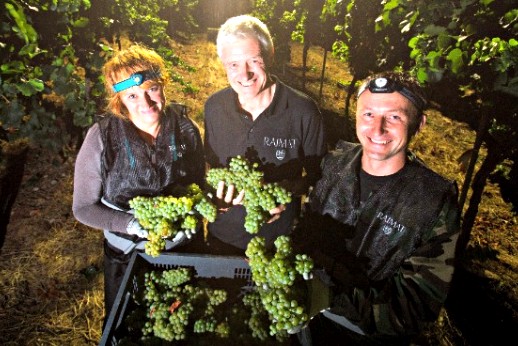 En el centro, Xavier Farré, director de Viticultura del grupo Codorníu Raventós, con trabajadores de la vendimia de Raimat.