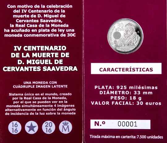 La Real Casa de la Moneda-FNMT pone a la venta la nueva moneda de 30 euros conmemorativa de Cervantes