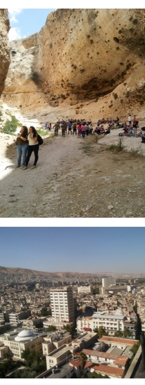 Arriba, turistas sirios y cada vez más extranjeros visitan la grieta de Santa Tecla, en Maalula. Debajo,  Damasco y otras grandes ciudades ya tienen  agua, luz, teléfono e Internet ininterrumpidamente. (Fotos: Pablo Sapag M.)