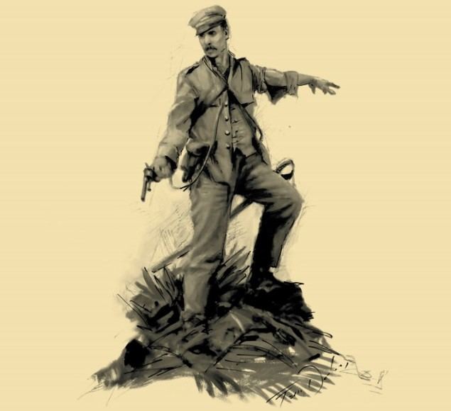 Boceto del genial pintor Ferrer Dalmau para la estatua del Teniente Martín Cerezo que está esculpiendo el artista Salvador Amaya.