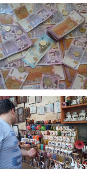 La lira siria está sometida a fuertes presiones por la especulación y el desajuste entre una oferta lastrada por las sanciones y una demanda creciente por el regreso de los desplazados. En los tradicionales mercados sirios se notan las visitas de los emigrados en América Latina y de los empresarios de países como Argentina y Brasil. Venta de mates y bombillas con motivos sirios en la Ciudad Vieja de Damasco. (Fotos: Pablo Sapag M.)