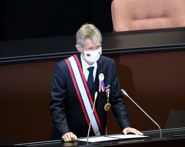 El presidente del Senado de la República Checa, Miloš Vystrčil, durante el discurso que ofreció el 1 de septiembre en el Yuan Legislativo. (Foto de CNA)