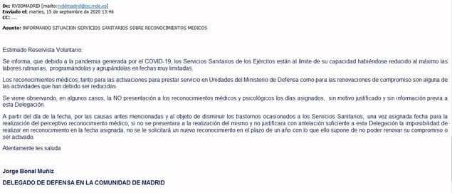 Mail enviado a los reservistas voluntarios de Madrid por Jorge Bonal Muñiz, DELEGADO DE DEFENSA EN LA COMUNIDAD DE MADRID.