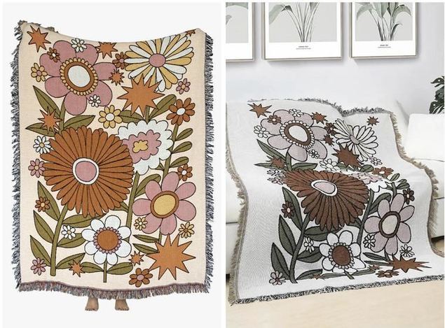 Izquierda: pieza textil de flores florales de Krista Perry; derecha: captura de pantalla de una manta vendida por Shein (Foto: © cortesía de Erickson Law Group)