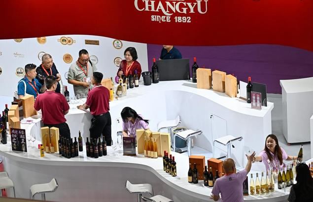 Un grupo de personas visita la Exhibición Global de Bodegas durante la V Exposición Internacional de Cultura y Turismo del Vino de China (Ningxia), en Yinchuan, capital de la región autónoma de la etnia hui de Ningxia, en el noroeste de China, el 9 de junio de 2025. (Xinhua/Wang Peng)