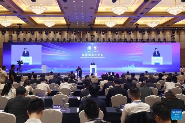 Fu Hua, president of Xinhua News Agency, speaks at the 2nd Conference of the Belt and Road Economic Information Partnership and 2023 Shanghai Entrepreneurs Conference for the Belt and Road High-quality Development, in east China's Shanghai, Sept. 27, 2023. Nearly 300 delegates from government units, industry associations, media outlets and companies attended the event on Wednesday, discussing economic information sharing to facilitate the construction of the Belt and Road Initiative (BRI). (Xinhua)