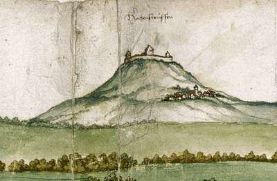 Estampa del antiguo castillo de los Hohenstaufen, hoy solo quedan ruinas en la colina.