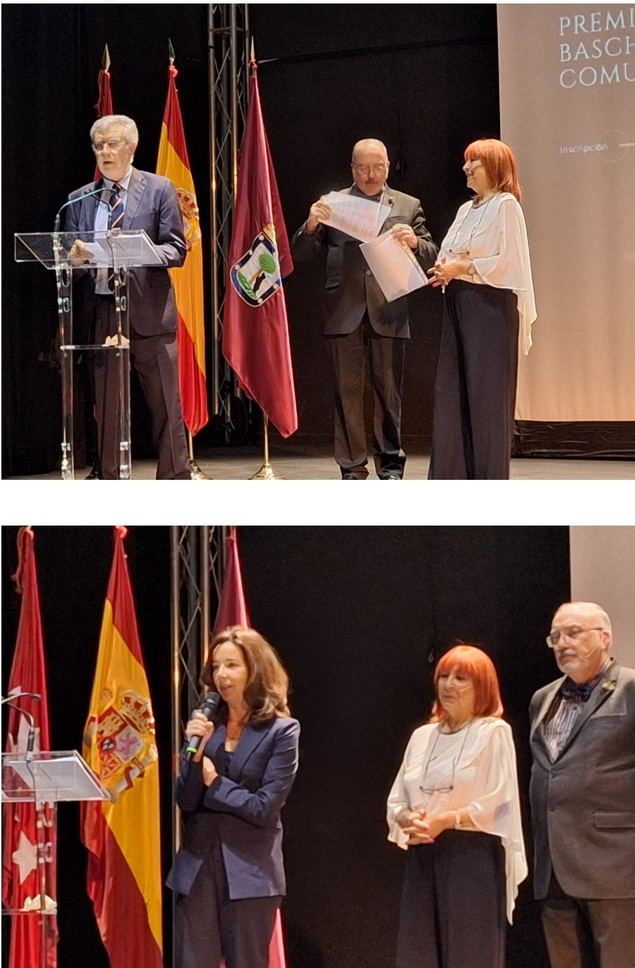 Arriba, el presidente de los Premios, Luis Fernández Matamoros, dirige unas palabras iniciales a los asistentes. Debajo, Doña Paula Gómez-Angulo, concejal-presiente de la Junta de Distrito de Tetuán (Madrid), , se dirige a los asistentes al final del acto.