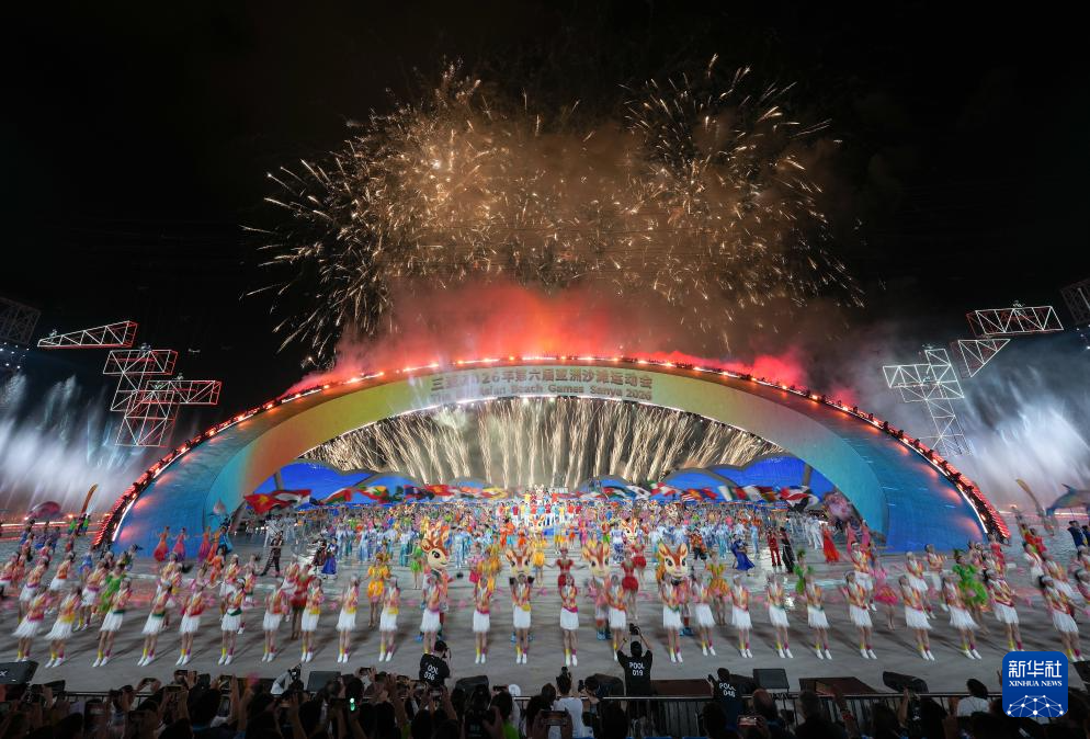 Photo taken on April 22, 2026 shows the firework performance during the opening ceremony of the 6th Asian Beach Games in Sanya, south China's Hainan Province. (Xinhua/Li Ga)