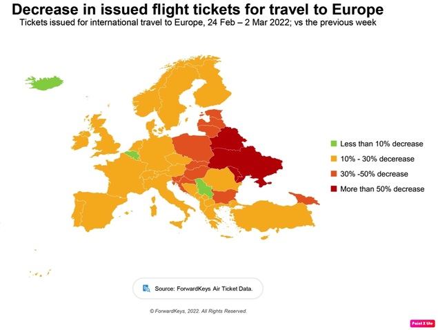 Russian invasion causes flight bookings to stall, especially to Eastern Europe