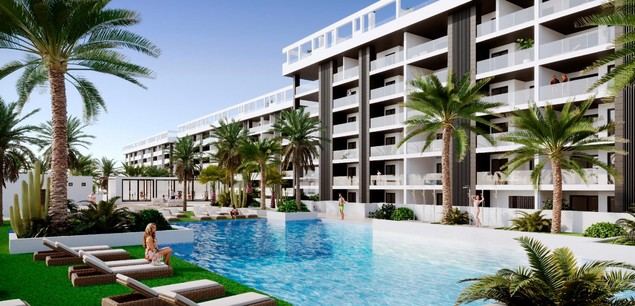 Recreación de la zona de piscinas de Edén Beach, promovido por Taylor Wimpey España.