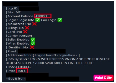 Loa estafadores ofrecen acesso a cuentas bancarias.En la imagen, una con 49.000 dólares de fondo