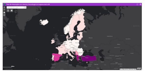Captura de pantalla del visor lanzado por Esri para monitorizar la tasa de desempleo femenina en ciencia y tecnología en Europa
