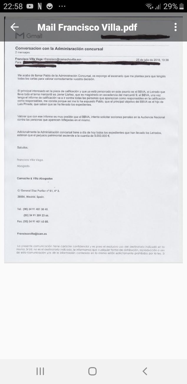 Mail del abogado que defendía los intereses de algunos trabajadores de AUSBANC ante la Administración Concursal. El letrado, Francisco Vila Vega, envió este mail reconociendo que le había llamado la Administración Concursal, concretamente Pablo Martínez. 