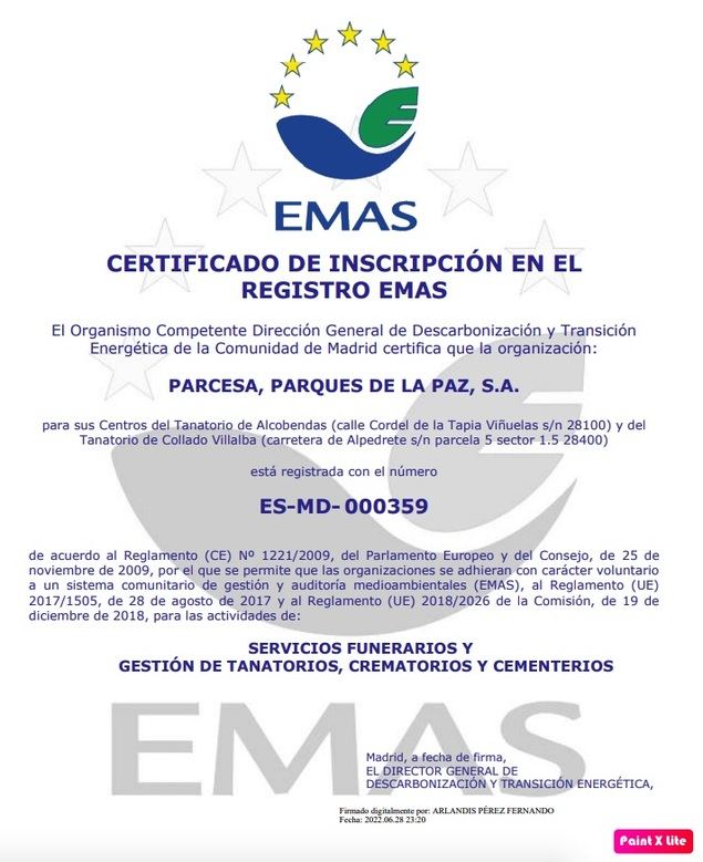Parcesa se convierte en la primera funeraria de la Comunidad de Madrid en obtener la certificación medioambiental EMAS