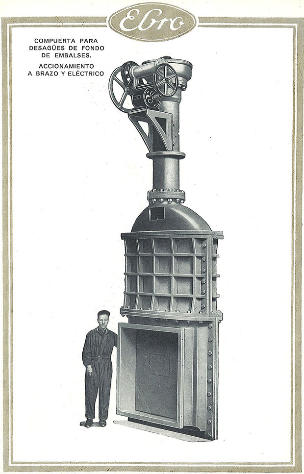 Imagen del catálogo de Maquinista y Fundiciones de Ebro mostrando una compuerta Bressel para centrales hidroelectricas (1930).