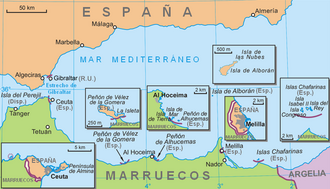 Mapa de territorios españoles incluyendo las plazas de soberanía.