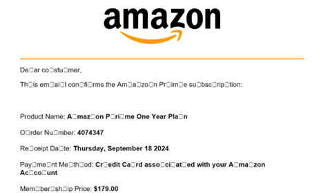 Ejemplo de correo electrónico de phishing de suscripción a Amazon Prime
