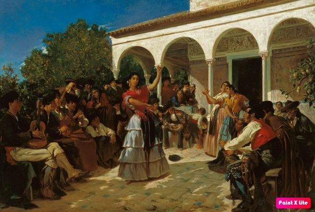 Este es un cuadro pintado por Alfred Dehodencq en 1851. Lo pintó en Sevilla y pertenece a la colección Carmen Thyssen-Bornemisza. Se titula “A Gypsy Dance in the Gardens of the Alcázar, in front of Charles V Pavilio”.