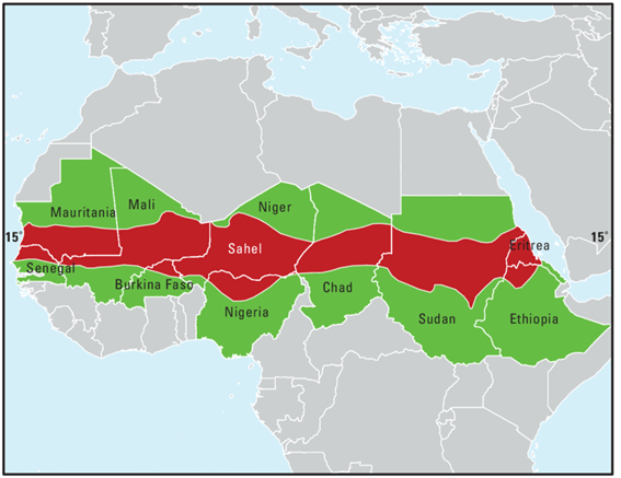 El Sahel es una vasta región de transición en África que separa el desierto del Sáhara, al norte, de las sabanas tropicales y selvas del África subsahariana, al sur. La región se extiende como un cinturón de aproximadamente 6,000 kilómetros de longitud desde el océano Atlántico hasta el mar Rojo, abarcando los siguientes países: Senegal, Mauritania, Malí, Burkina Faso, Níger, Chad, Sudán y Eritrea. Además, hay unas áreas de influencia, partes del norte de Nigeria, Camerún, Etiopía, Gambia y el sur de Argelia también comparten sus características climáticas y sociales.